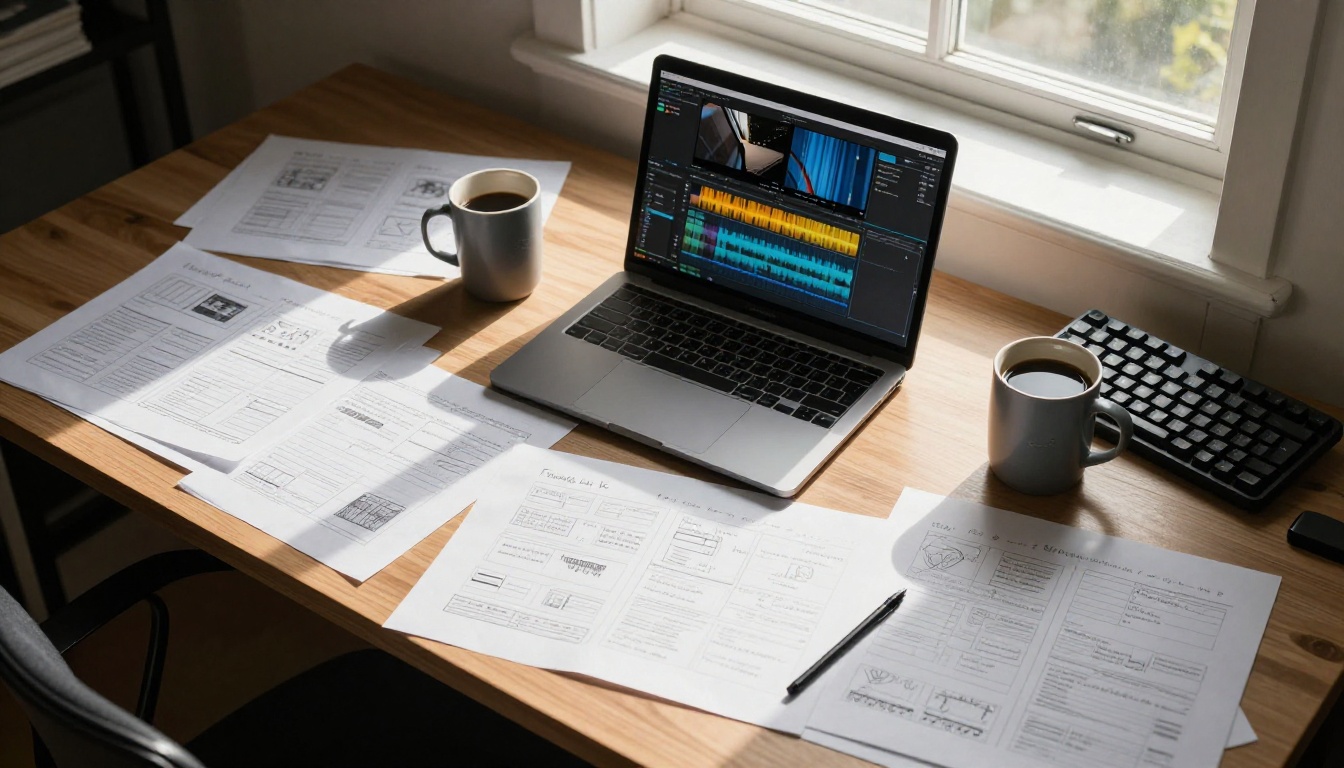 Overhead flat-lay of filmmaker's desk with storyboards, annotated papers, laptop showing video timeline, and coffee mug Overhead flat-lay of filmmaker's desk with storyboards, annotated papers, laptop showing video timeline, and coffee mug