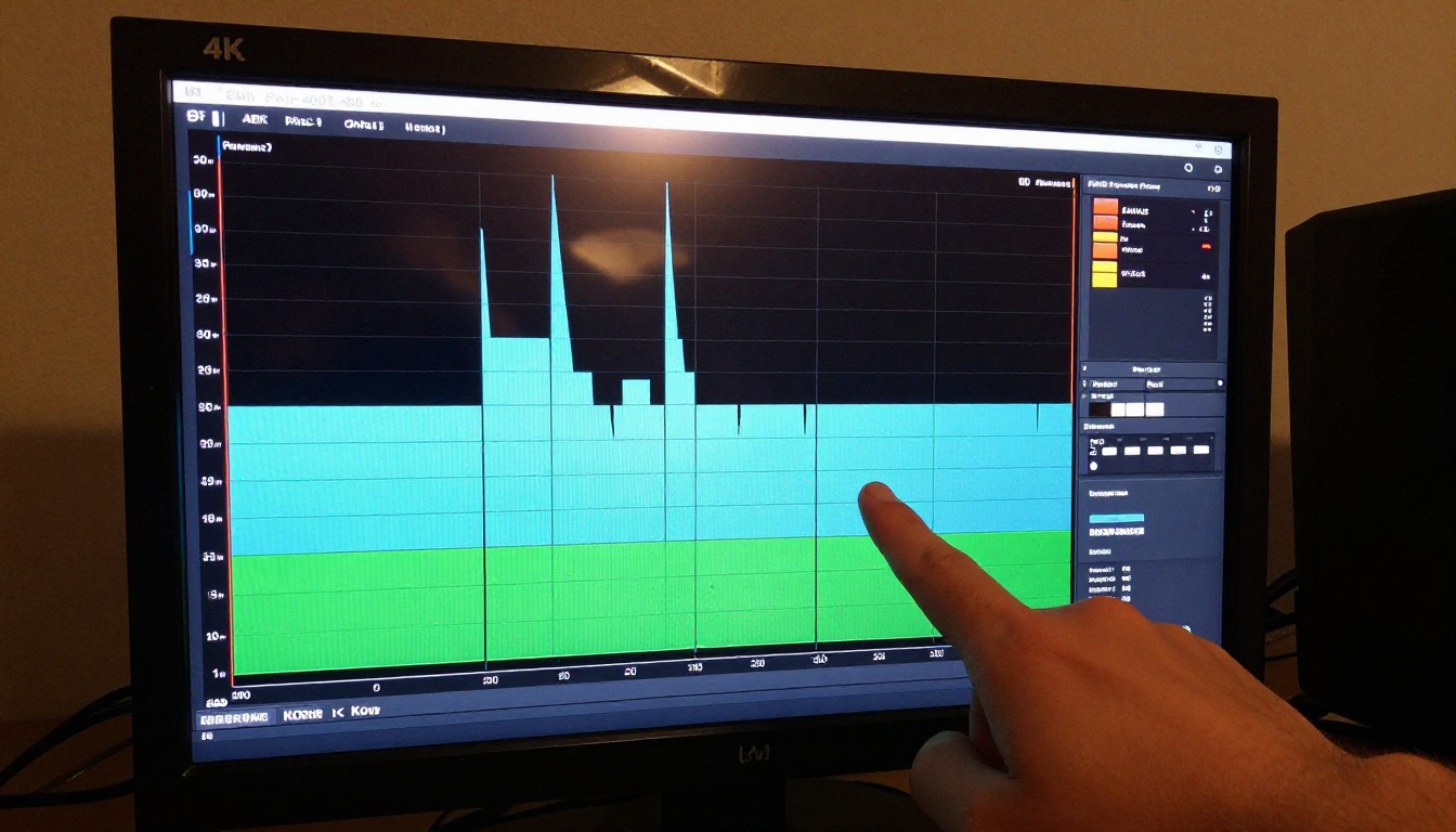 Large 4K broadcast monitor showing audio waveform and spectrum analyzer with amber screen glow on hands Large 4K broadcast monitor showing audio waveform and spectrum analyzer with amber screen glow on hands