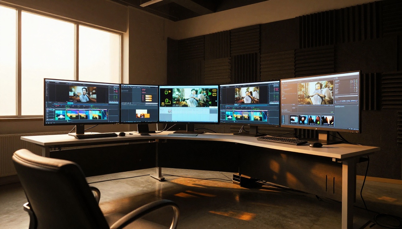 Low-angle wide shot of professional video production studio with curved workstation, three monitors, and volumetric window light Low-angle wide shot of professional video production studio with curved workstation, three monitors, and volumetric window light