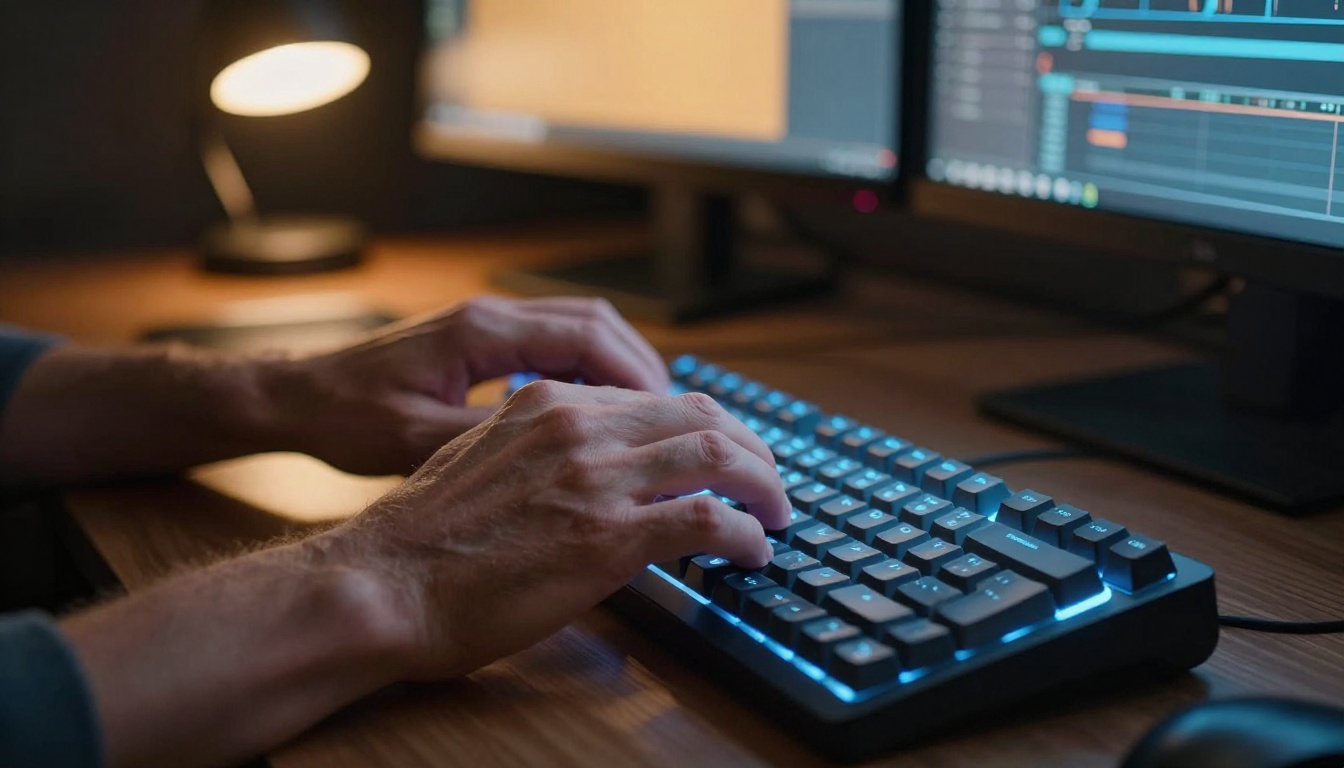Close-up of professional man's hands typing on backlit mechanical keyboard with monitor glow casting blue-white light Close-up of professional man's hands typing on backlit mechanical keyboard with monitor glow casting blue-white light