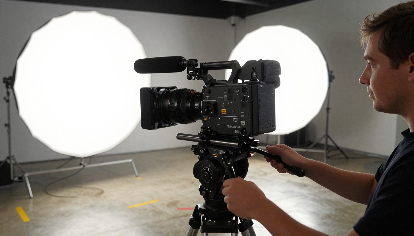 Medium shot of professional cinema camera on fluid head tripod with directional shotgun microphone in large studio Medium shot of professional cinema camera on fluid head tripod with directional shotgun microphone in large studio