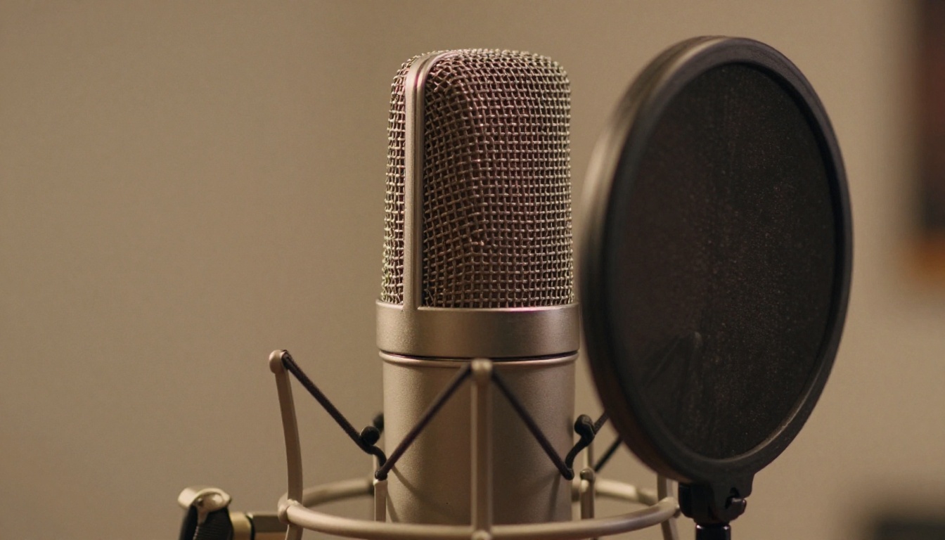 Close-up of large-diaphragm condenser studio microphone with warm tungsten rim light and realistic mesh texture Close-up of large-diaphragm condenser studio microphone with warm tungsten rim light and realistic mesh texture