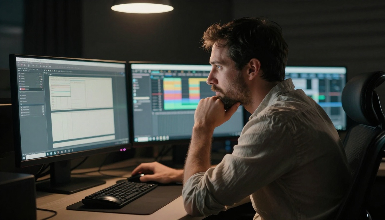 Man in late thirties leaning toward dual monitors in dark editing suite with pendant lamp casting cone of warm light Man in late thirties leaning toward dual monitors in dark editing suite with pendant lamp casting cone of warm light
