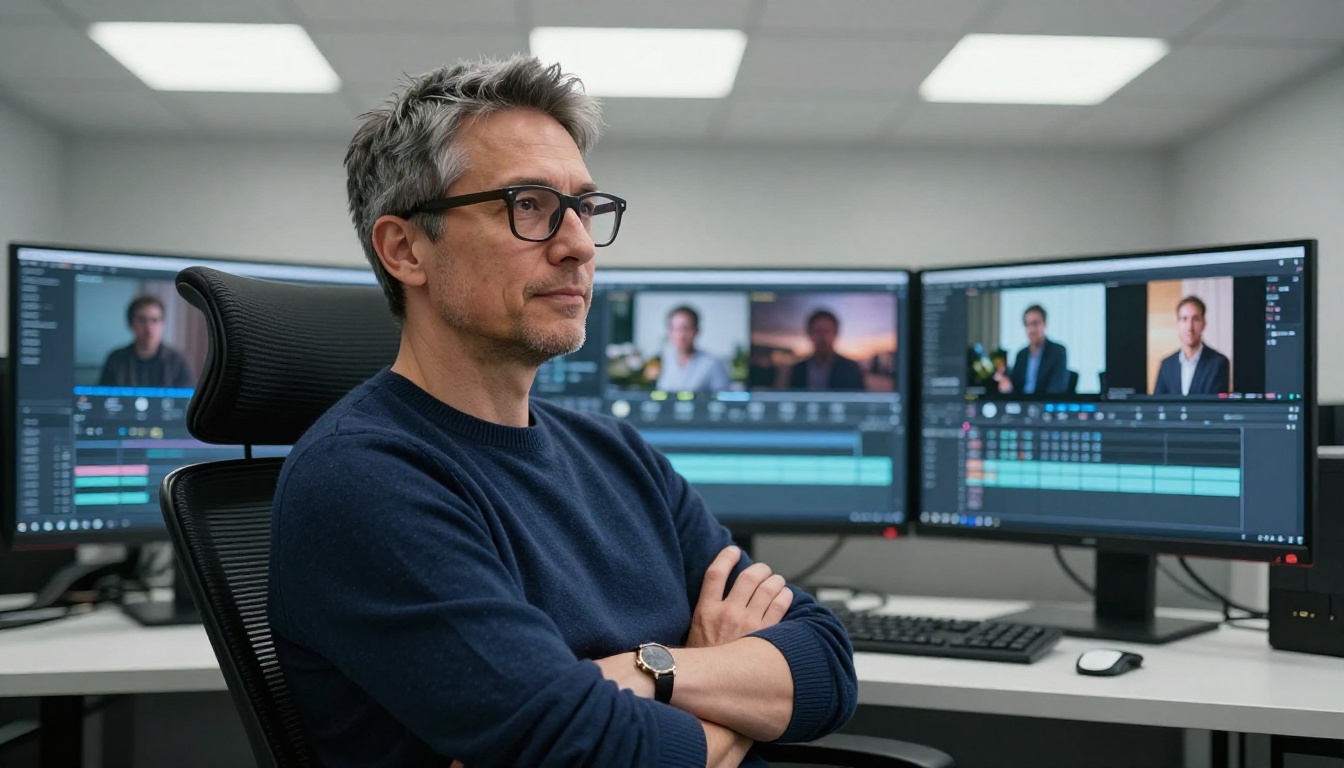 Creative director with salt-and-pepper hair and dark-framed glasses reviewing AI video thumbnails across two widescreen monitors in a professional editing suite