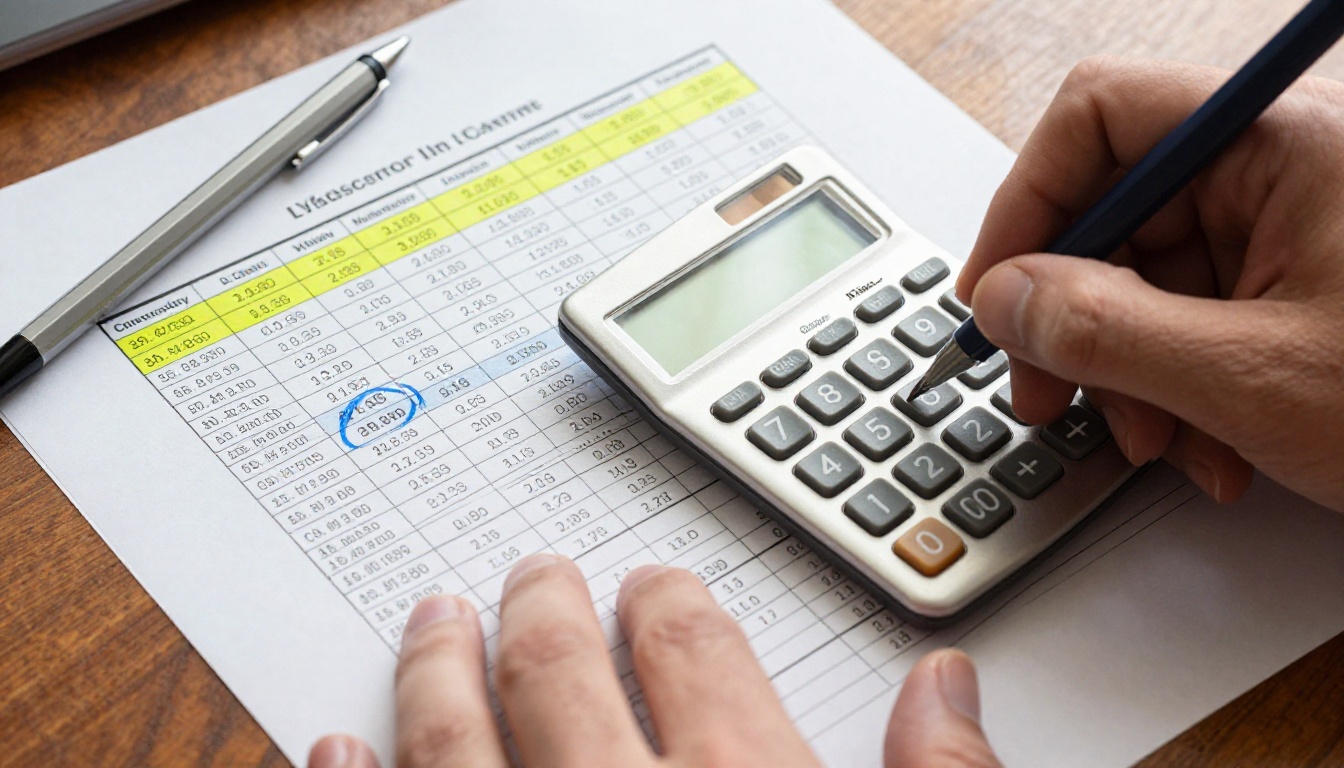 Hands placing a scientific calculator beside a highlighted financial spreadsheet with monthly subscription costs and per-video ROI calculations circled in blue pen