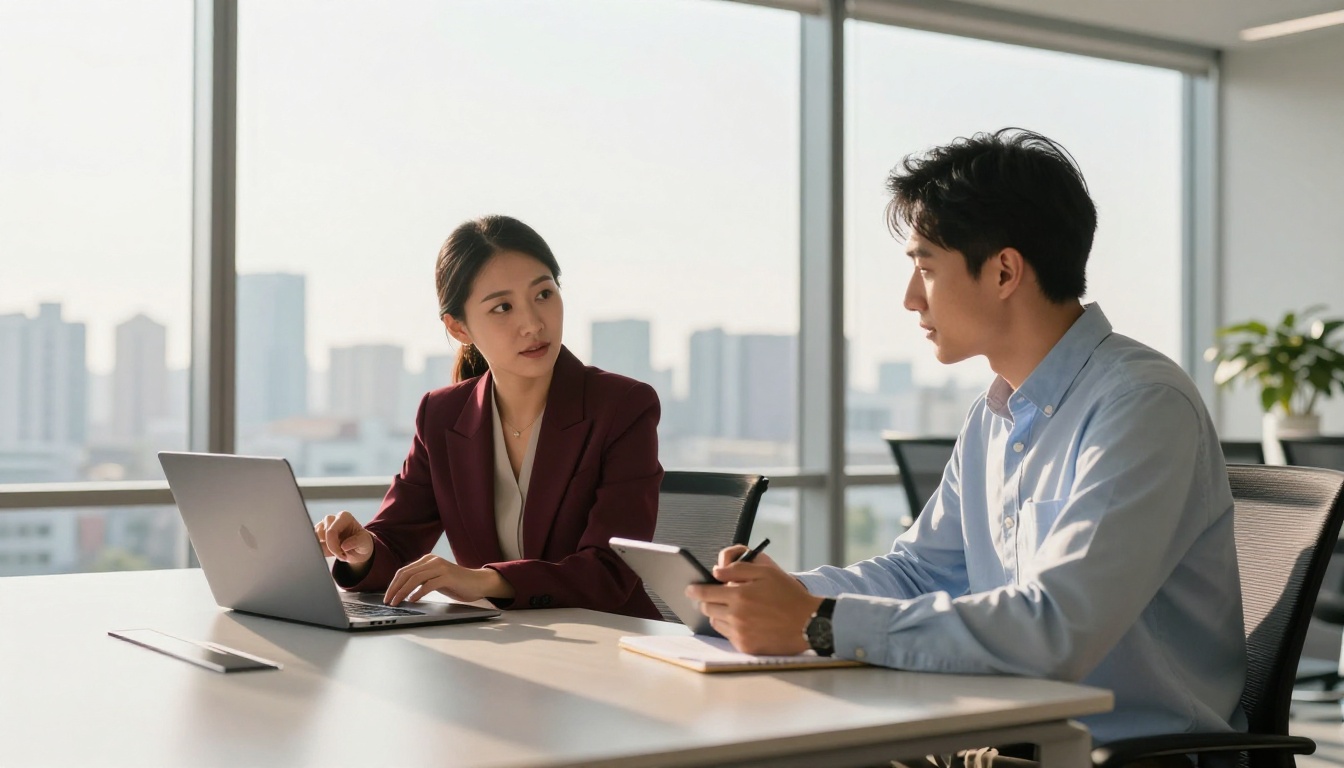 Two colleagues at a conference table with floor-to-ceiling windows, one pointing at a laptop screen showing subscription pricing tiers while the other takes notes on a tablet