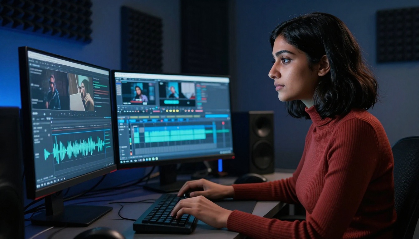 Professional South Asian female video editor in a terracotta turtleneck examining AI-generated video clips on a triple-monitor workstation in a darkened studio, cool blue monitor glow on her face