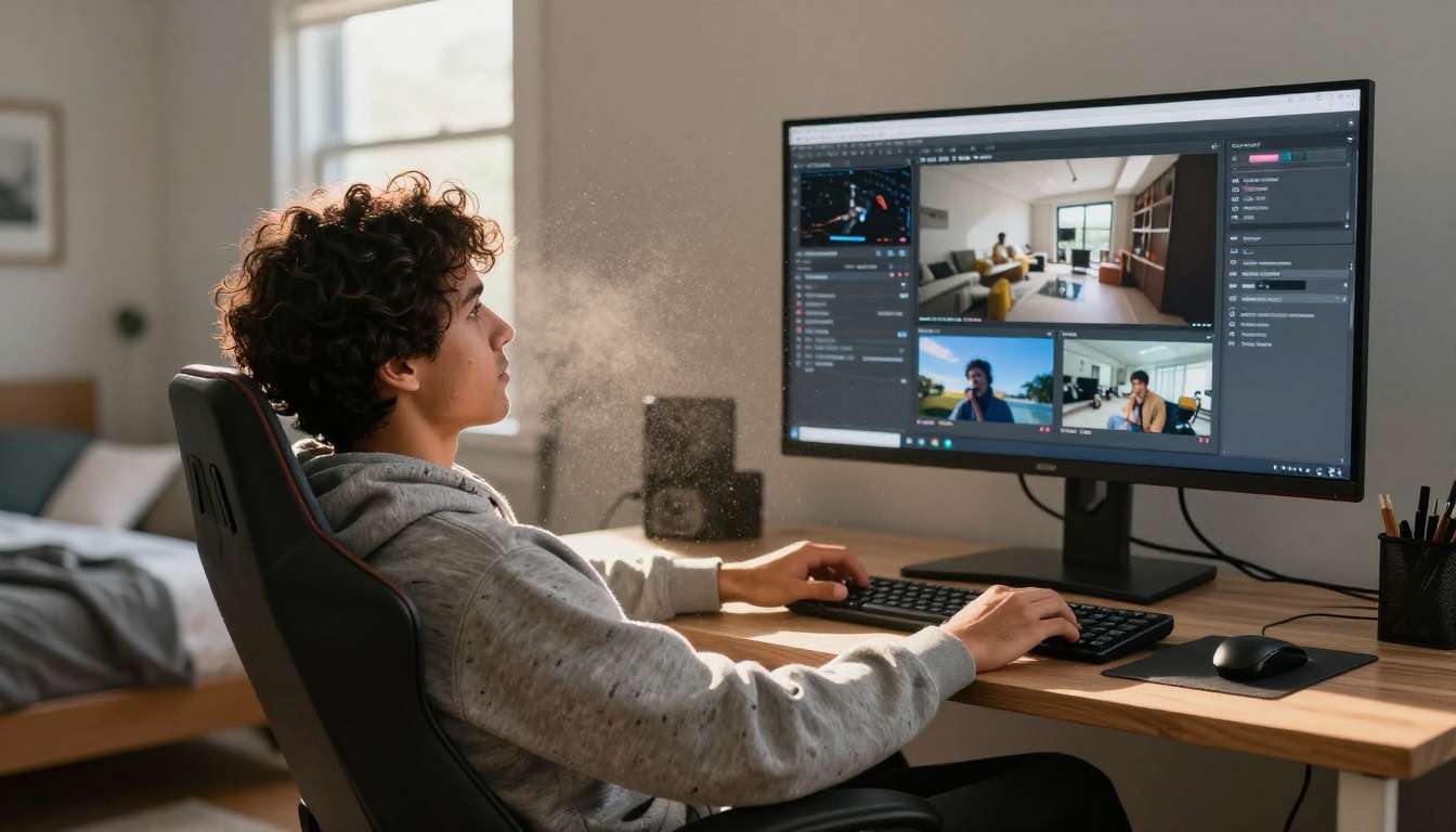 Young Latino man in a relaxed home office leaning back in a gaming chair with hands behind his head, watching AI-generated video previews load on a wall-mounted monitor