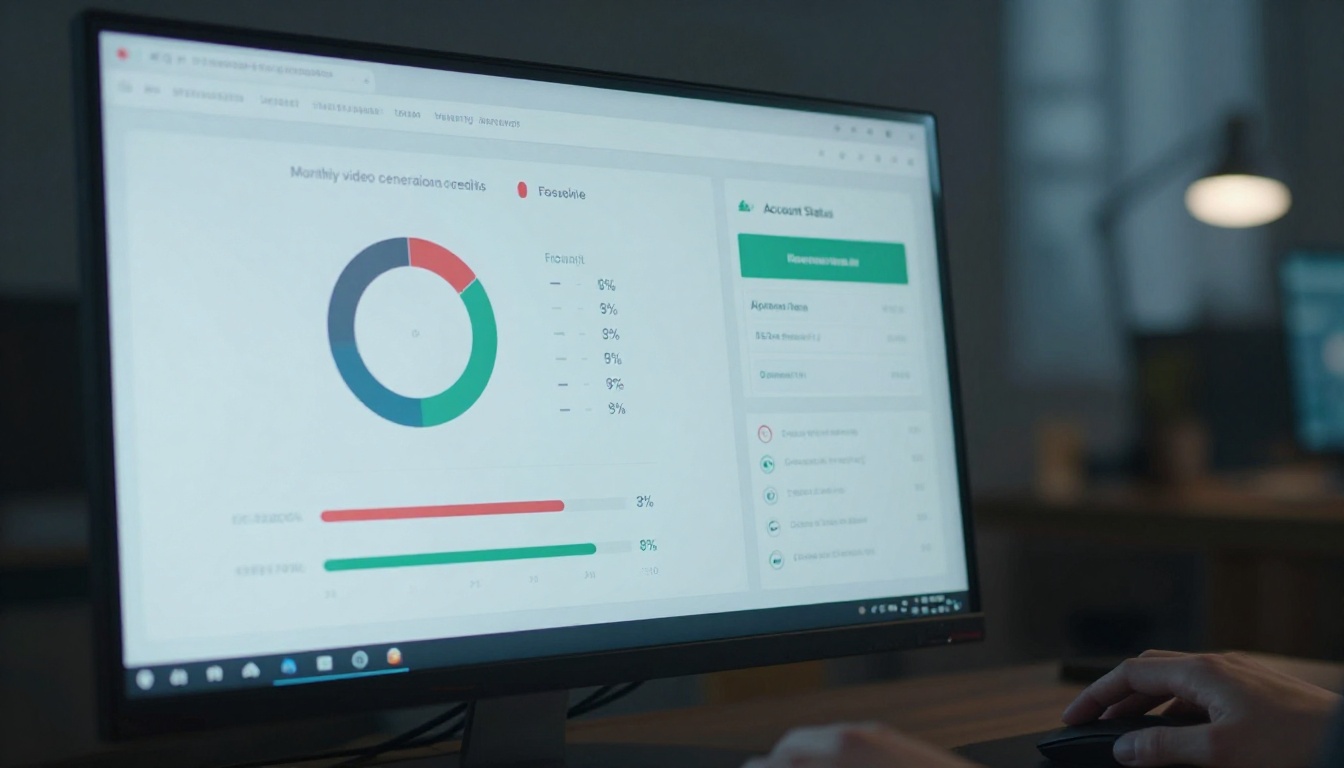 Close-up of a desktop credit usage dashboard showing monthly AI video generation credits consumed, progress bars in red and green, and a prominent account upgrade button