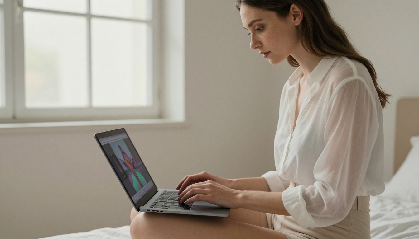 Woman sitting cross-legged studying AI video output on laptop Woman sitting cross-legged studying AI video output on laptop