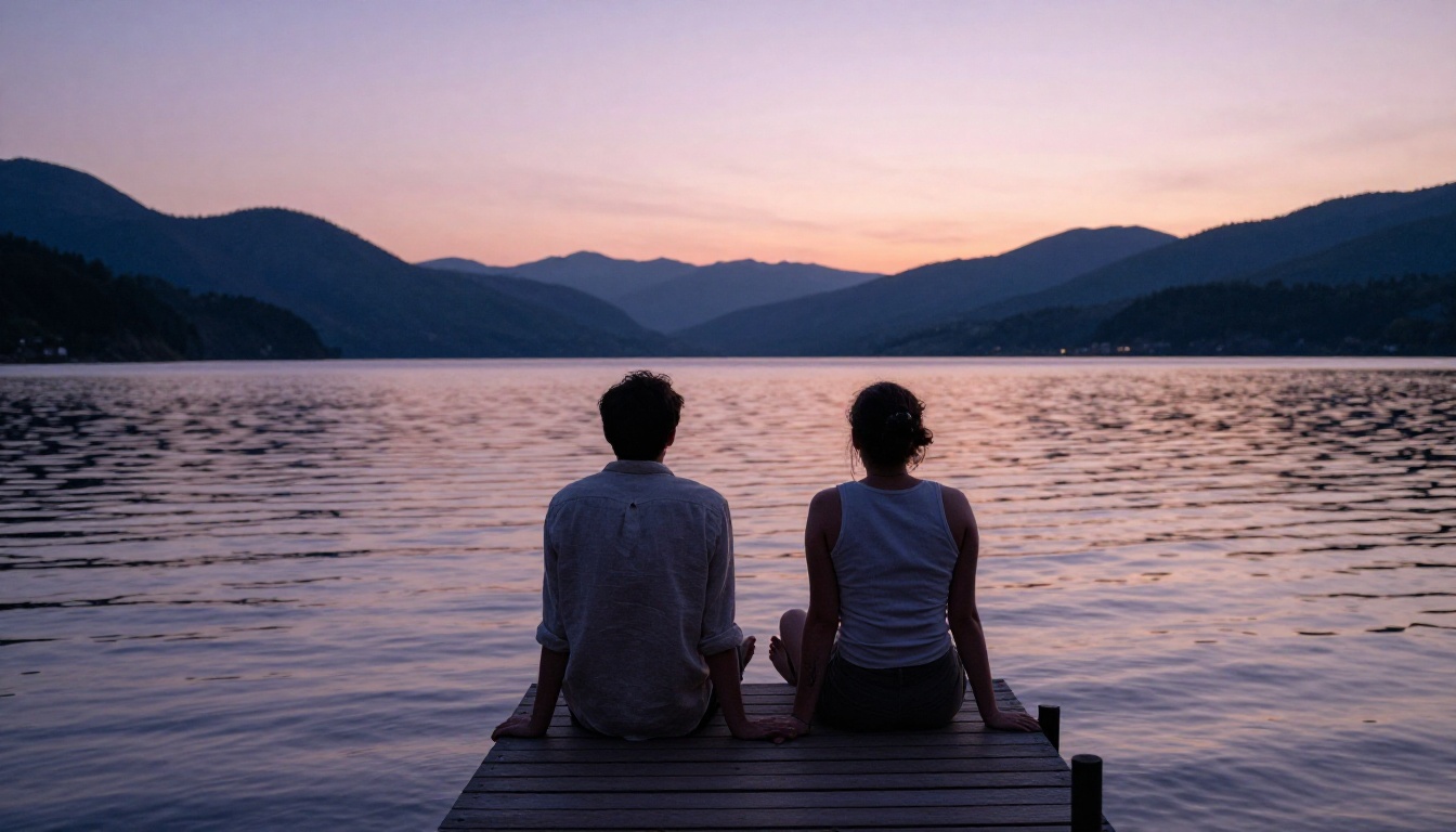 Two people sitting on a wooden dock over a calm mountain lake at twilight Two people sitting on a wooden dock over a calm mountain lake at twilight