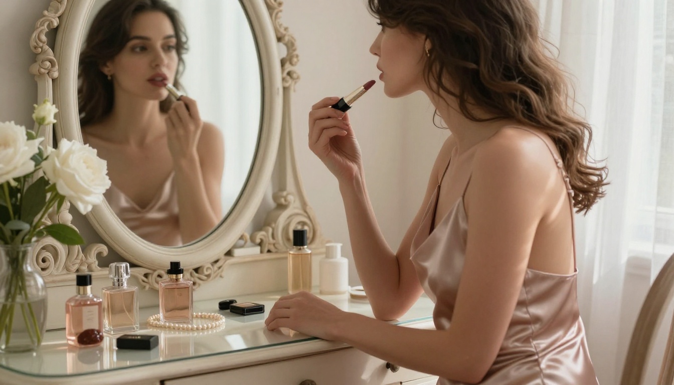 Woman in satin slip dress applying lipstick at ornate vanity mirror in warm morning light Woman in satin slip dress applying lipstick at ornate vanity mirror in warm morning light