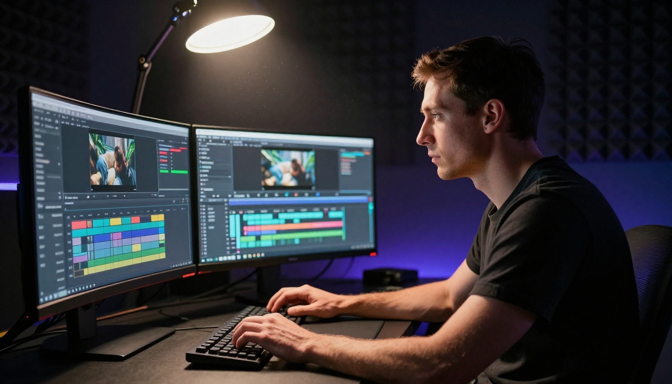 Professional video editor reviewing AI footage on dual-monitor setup Professional video editor reviewing AI footage on dual-monitor setup
