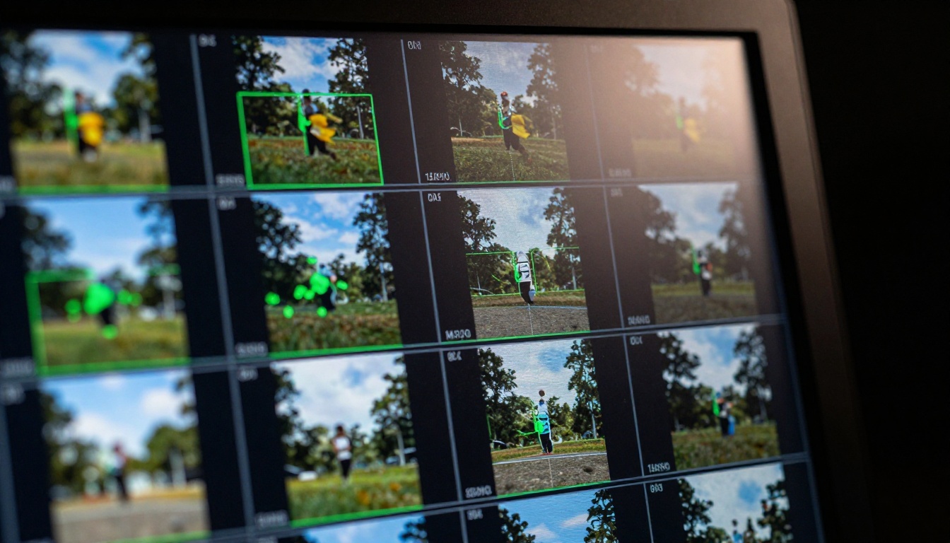 Macro close-up of monitor showing video frame analysis grids Macro close-up of monitor showing video frame analysis grids