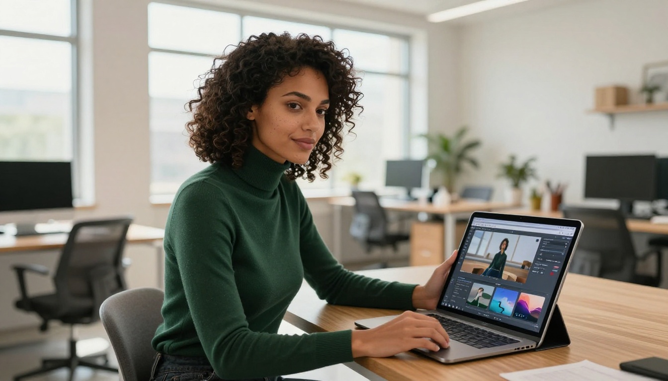 Creative director reviewing AI video on tablet in modern office Creative director reviewing AI video on tablet in modern office