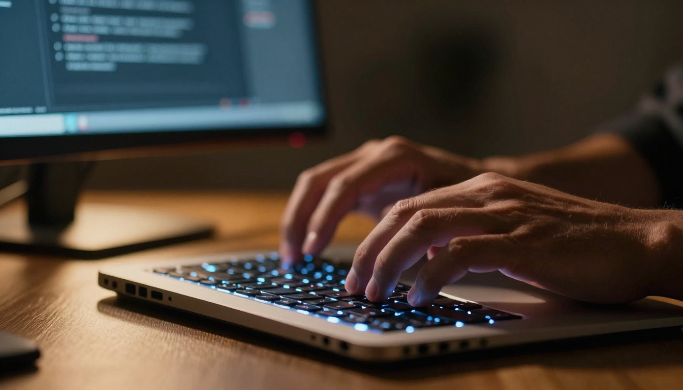 Close-up of creative professional hands typing with AI interface glowing in background Close-up of creative professional hands typing with AI interface glowing in background