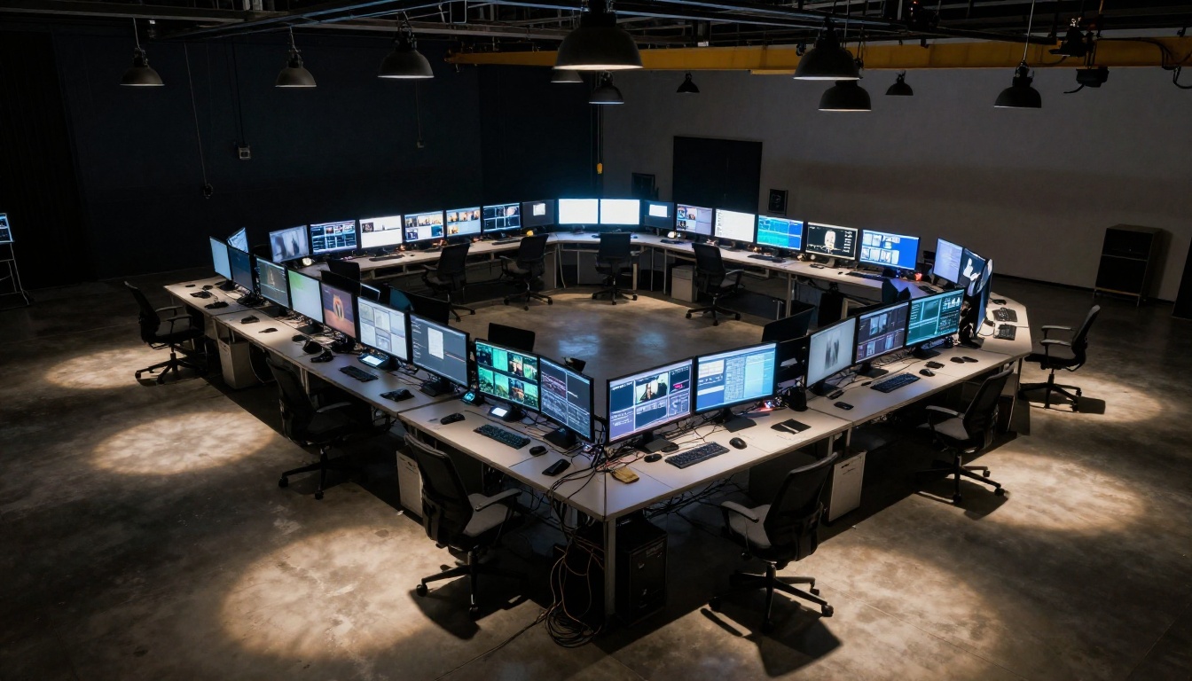 Aerial top-down view of professional video production studio with multiple editing workstations Aerial top-down view of professional video production studio with multiple editing workstations