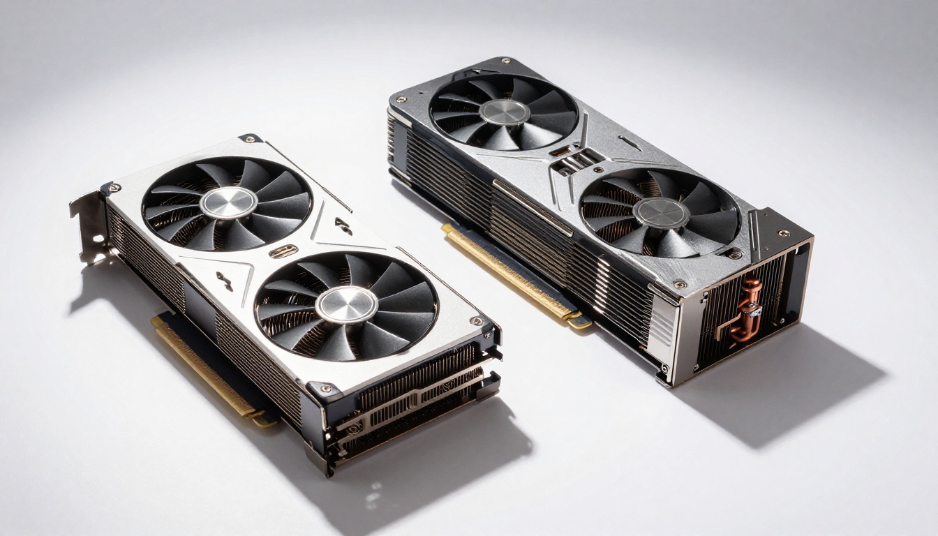 Two high-end GPU cards side by side representing AI video processing power Two high-end GPU cards side by side representing AI video processing power