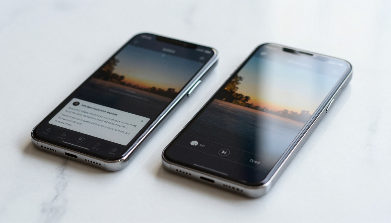 Two smartphones side by side comparing AI video generation interfaces on marble surface Two smartphones side by side comparing AI video generation interfaces on marble surface