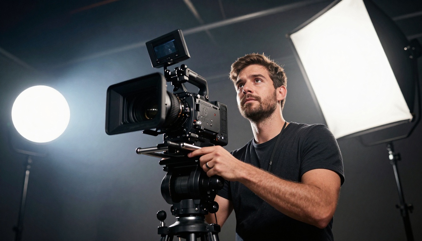 Professional videographer holding cinema camera on shoulder in modern media studio, dramatic low-angle shot Professional videographer holding cinema camera on shoulder in modern media studio, dramatic low-angle shot