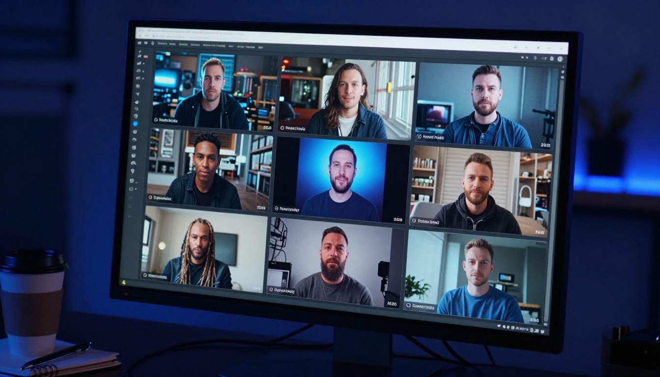 Large curved monitor displaying AI model comparison grid in dark editing suite environment Large curved monitor displaying AI model comparison grid in dark editing suite environment