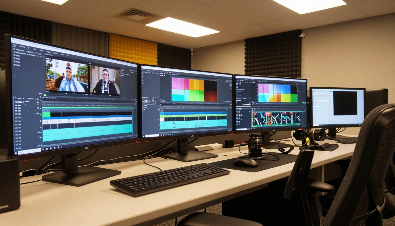 Professional video editing suite with triple monitor setup showing timeline and color grading scopes Professional video editing suite with triple monitor setup showing timeline and color grading scopes