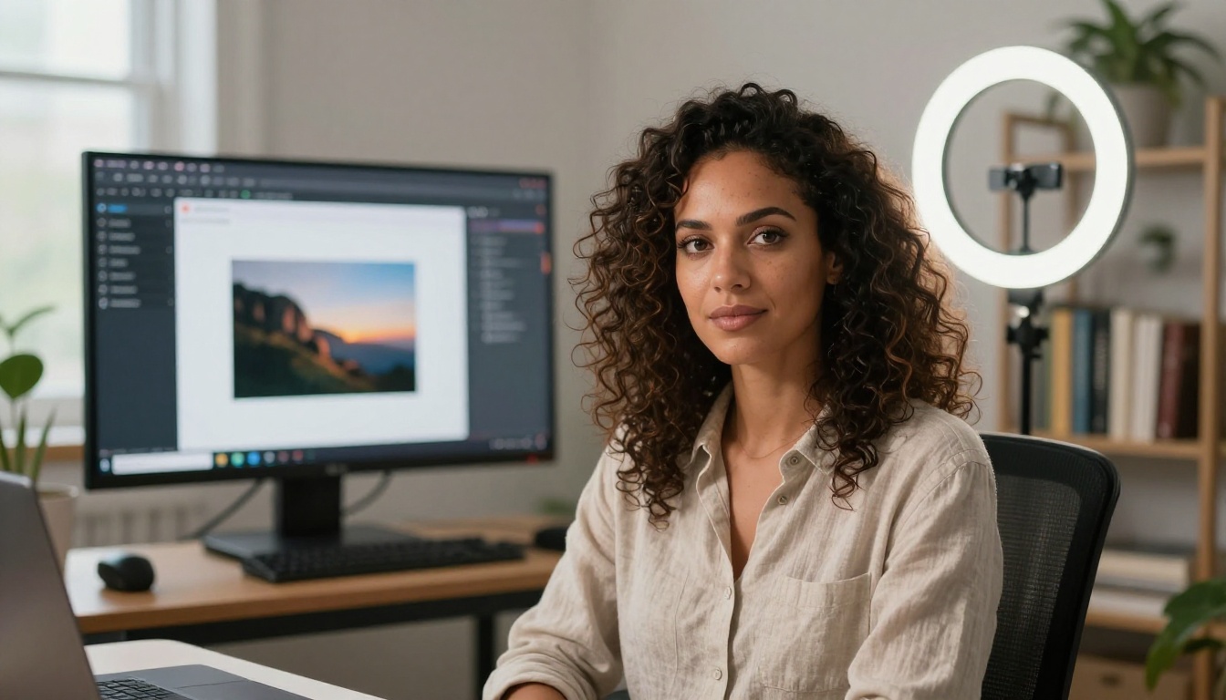 Confident female content creator at modern home studio with ring light, direct eye contact Confident female content creator at modern home studio with ring light, direct eye contact