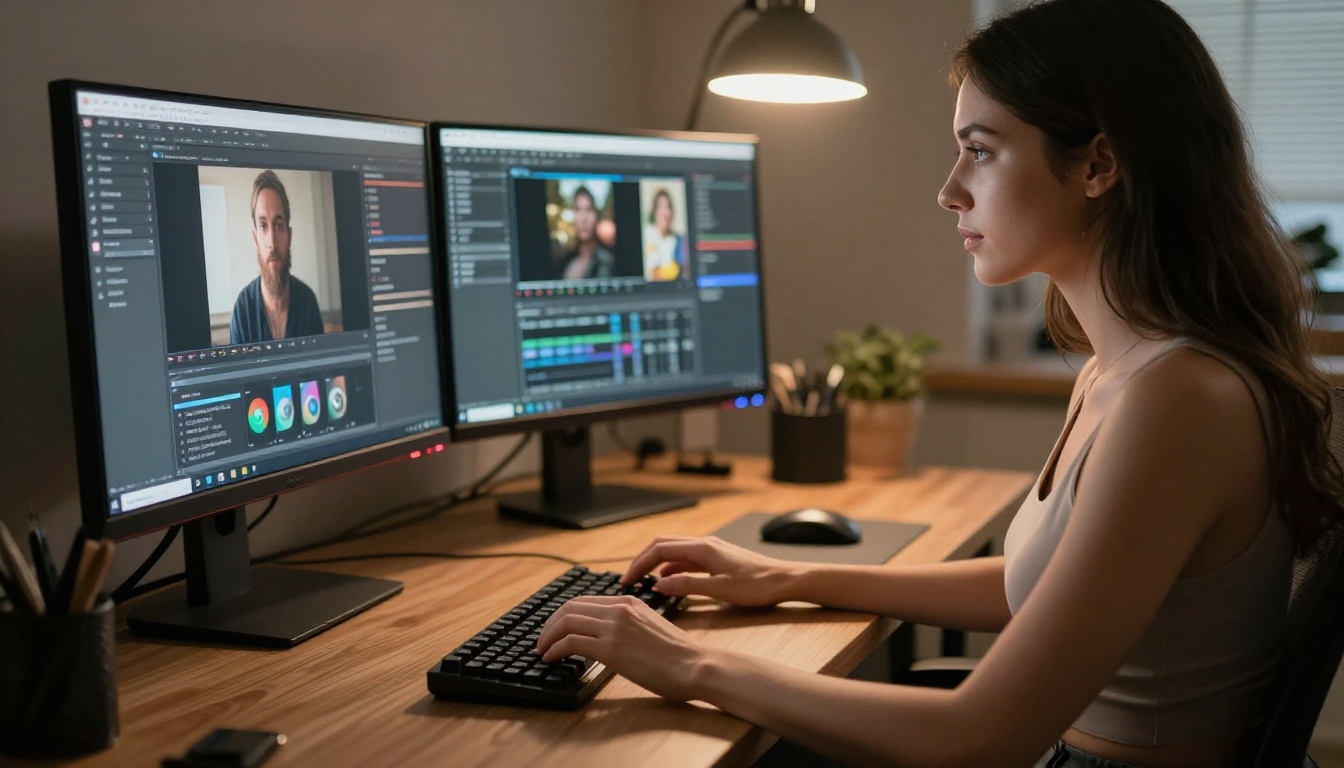 A content creator at a professional AI workstation with dual monitors