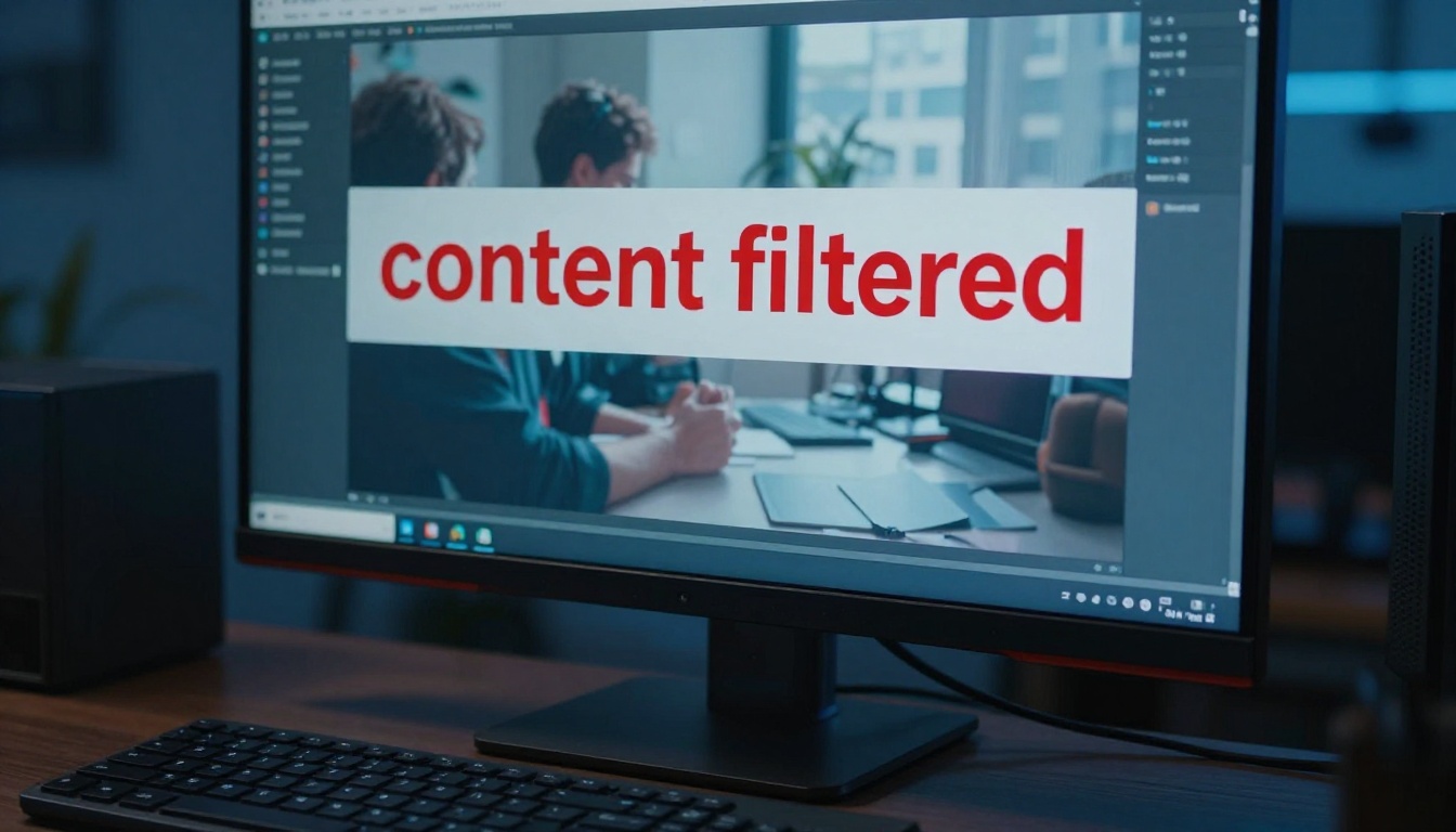 Content moderation warning screen on a computer monitor in a dark home office