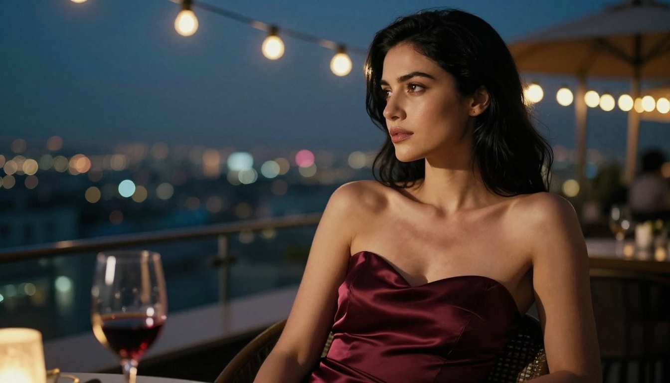 Glamorous woman in a burgundy gown at a rooftop bar with city lights in the background