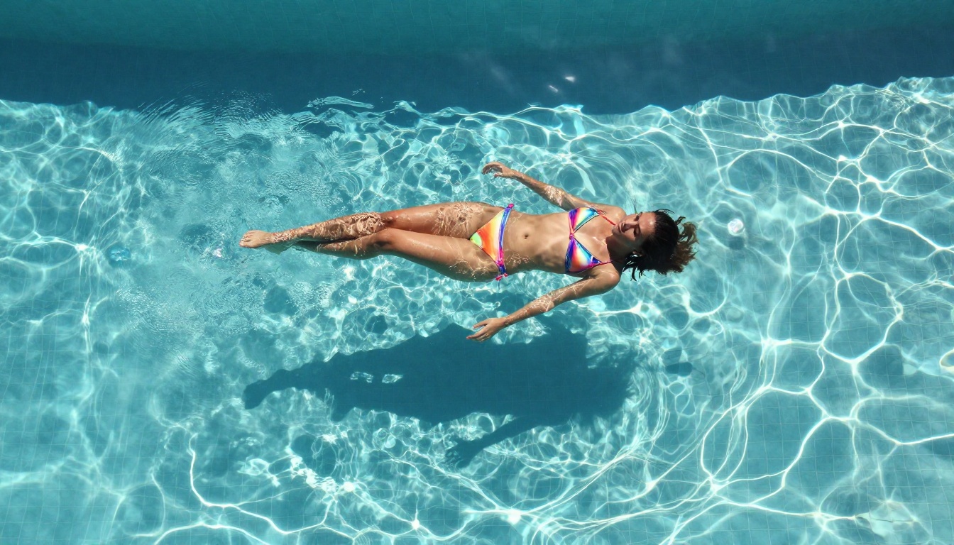 Aerial overhead shot of a woman in a colorful bikini floating in a luxury pool, representing the premium glamour content that Sora 2 Pro systematically blocks