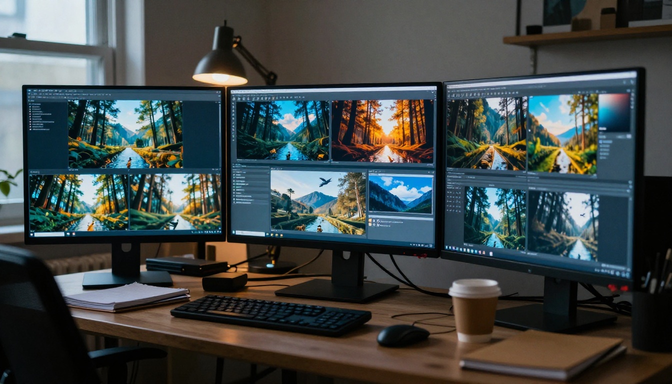 A creative professional at a workstation with multiple screens showing AI-generated images, representing the freedom of working on a platform without restrictive content filters blocking legitimate creative work