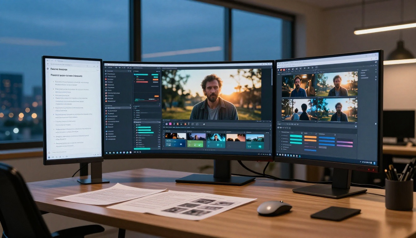 AI video content creator workspace at dusk AI video content creator workspace at dusk