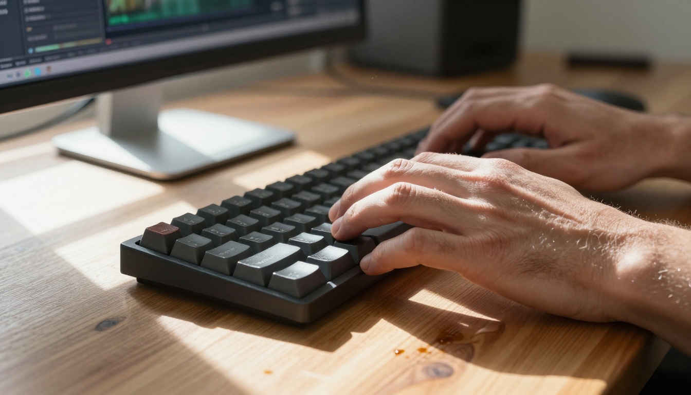 Close-up of hands at keyboard representing the iterative prompt-writing process at the heart of AI video production Close-up of hands at keyboard representing the iterative prompt-writing process at the heart of AI video production