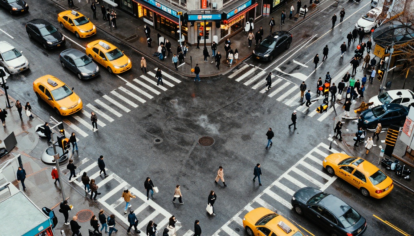 Dense urban crowd at intersection showing the challenge of multi-subject scenes Dense urban crowd at intersection showing the challenge of multi-subject scenes