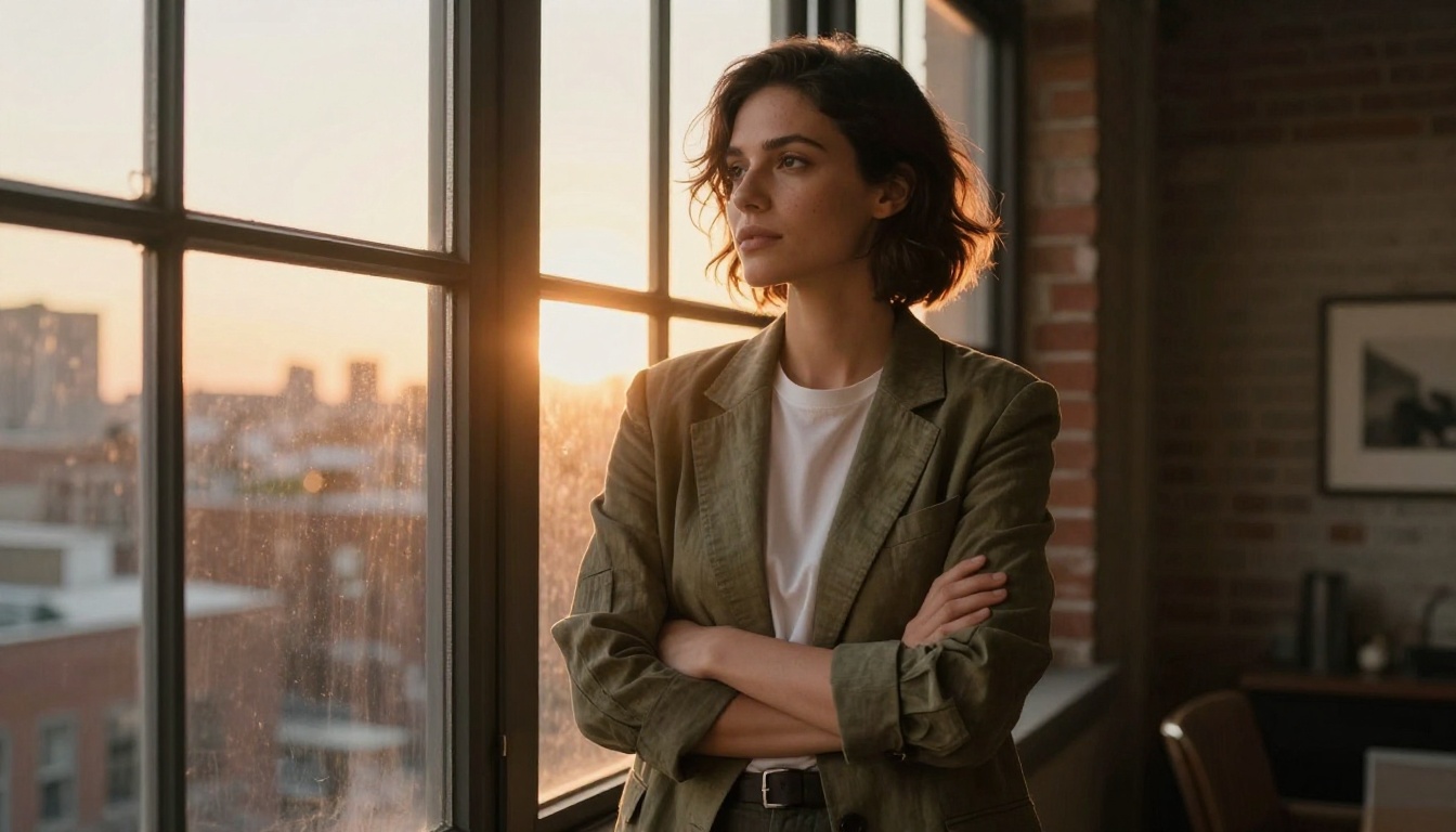 Woman standing thoughtfully by a large loft window at sunset Woman standing thoughtfully by a large loft window at sunset