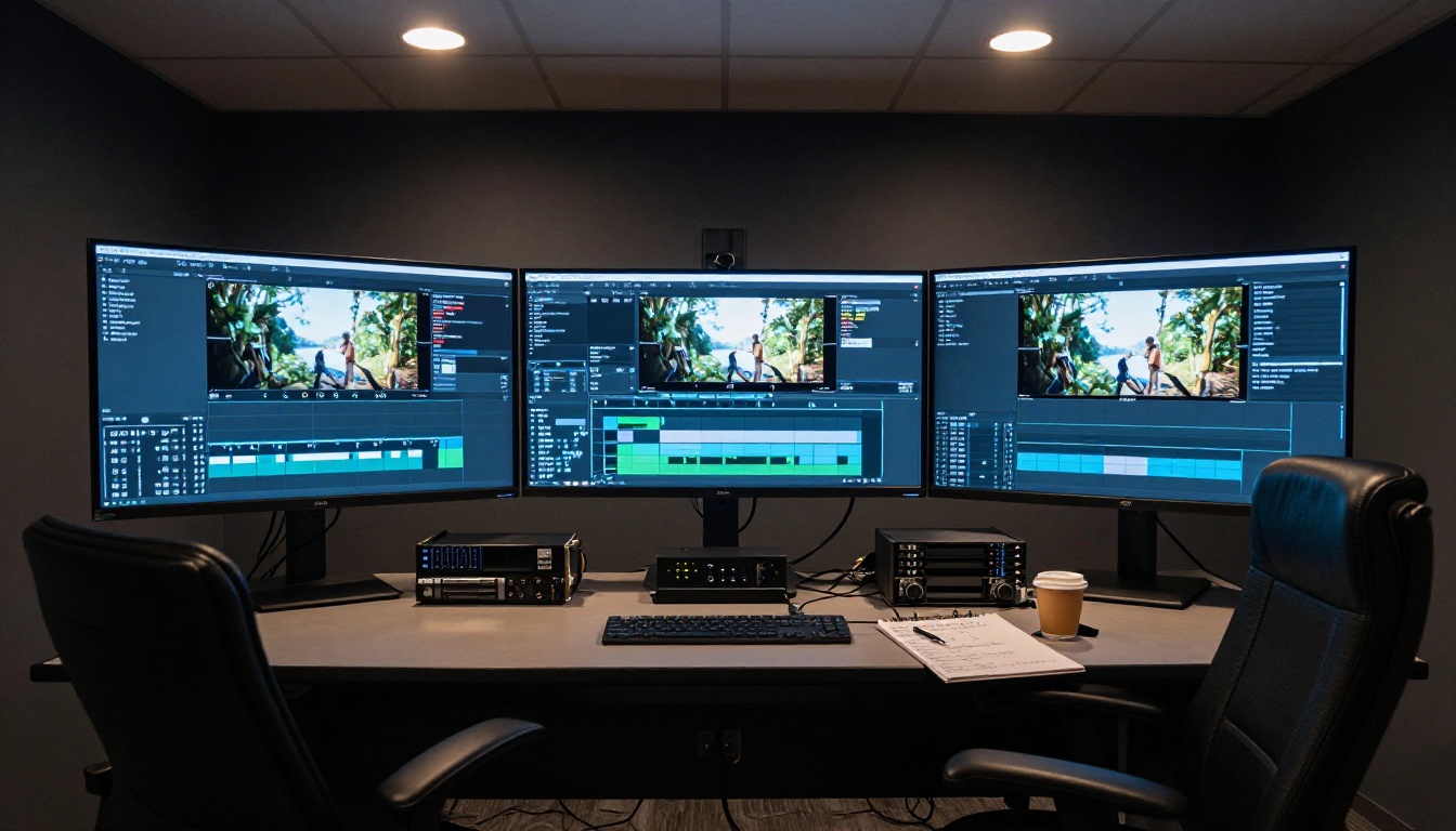 Professional video editing suite where Sora 2 Pro outputs integrate into real production pipelines Professional video editing suite where Sora 2 Pro outputs integrate into real production pipelines