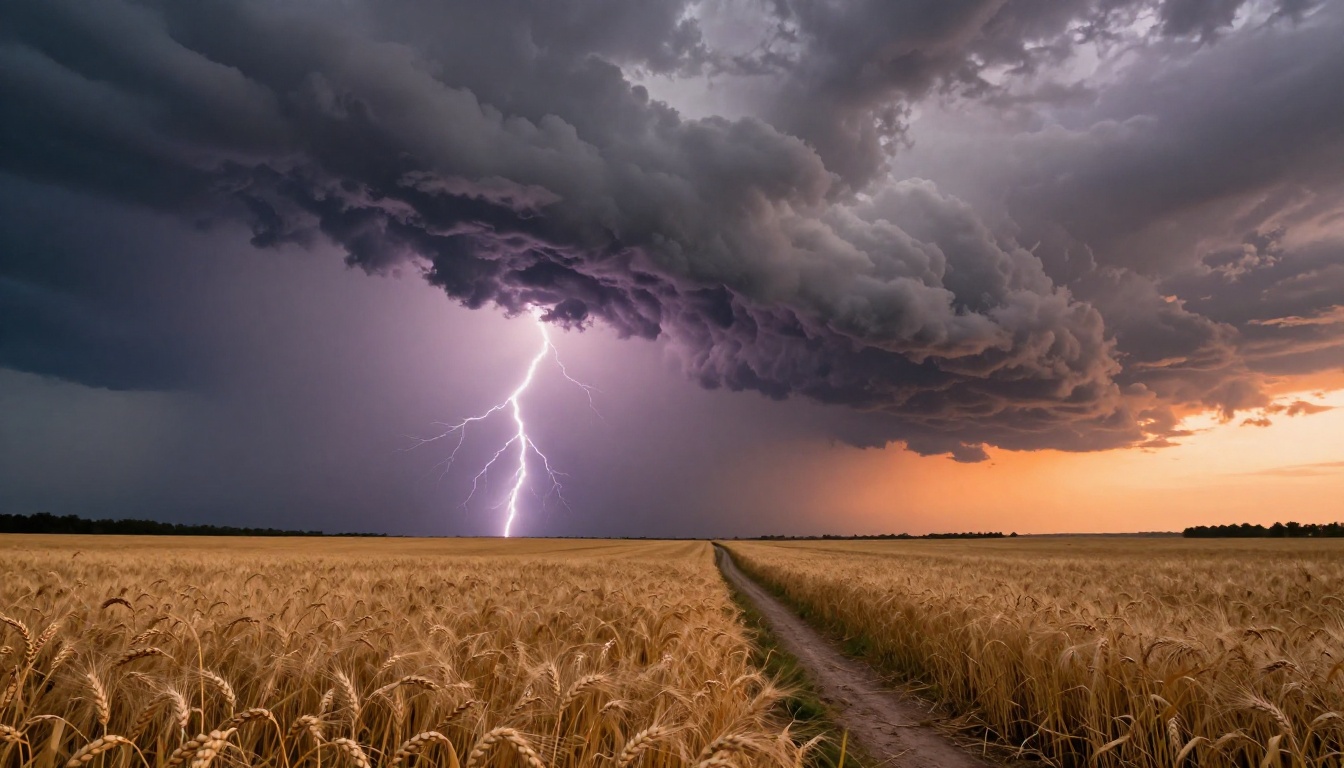 Wide-angle storm scene showing the atmospheric complexity that video generation models must simulate for realistic environmental shots Wide-angle storm scene showing the atmospheric complexity that video generation models must simulate for realistic environmental shots