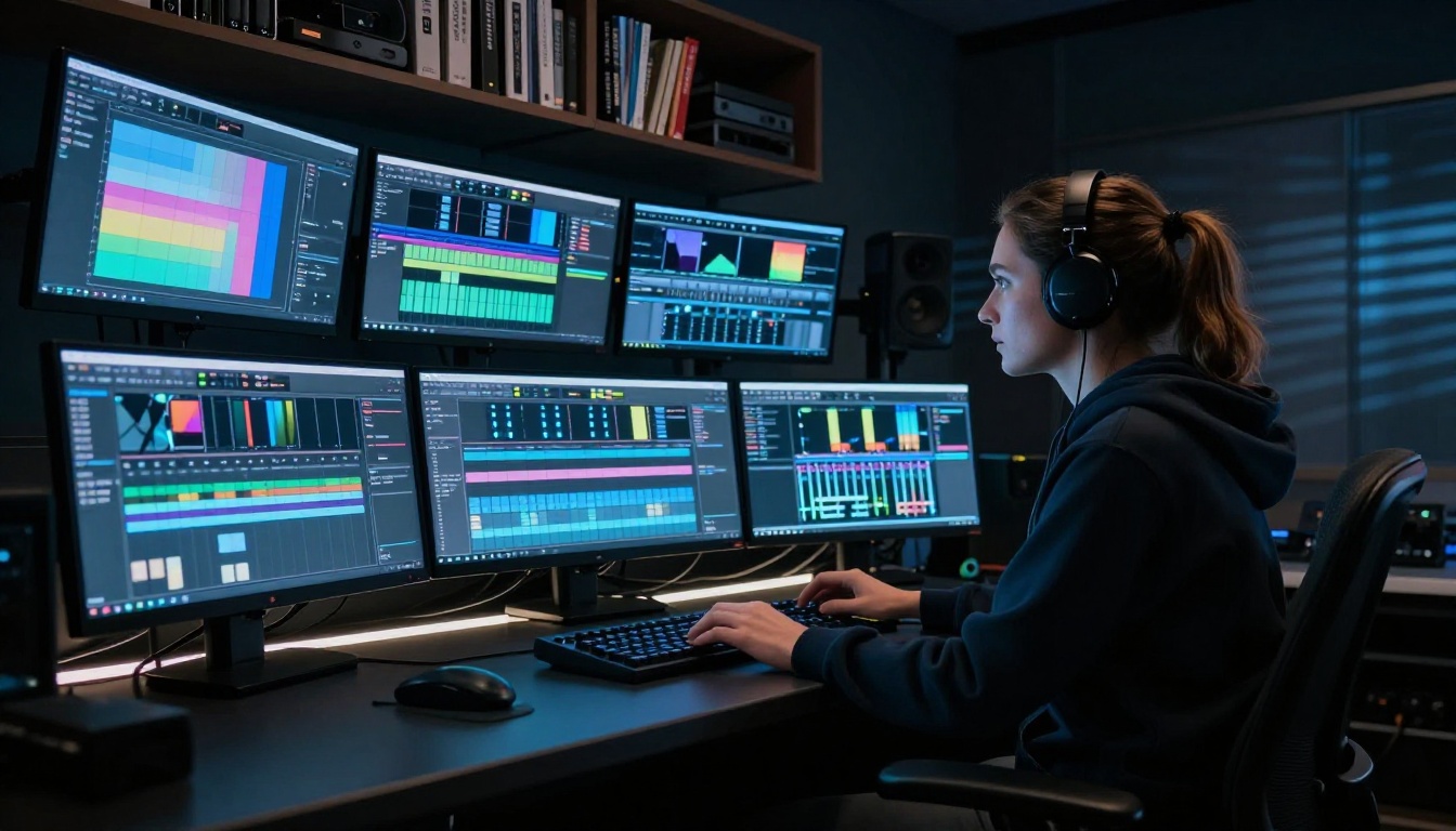 Professional color grading studio with multiple monitors Professional color grading studio with multiple monitors