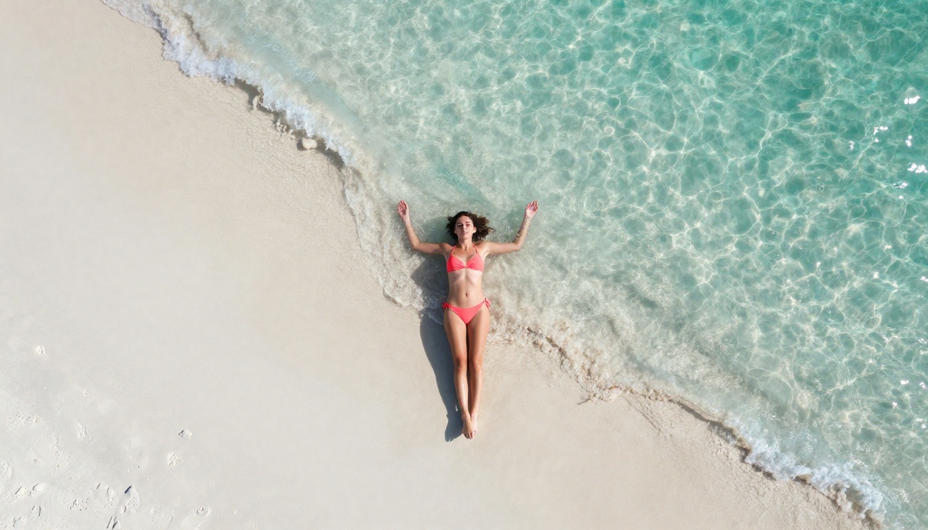 Aerial drone view of a woman in a coral bikini lying on white sand beach with turquoise ocean water visible at the edge of the frame