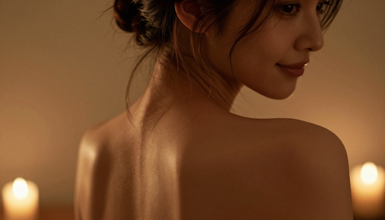 Intimate close-up portrait of a woman's bare back and shoulders with warm candlelight chiaroscuro lighting and extraordinary skin detail