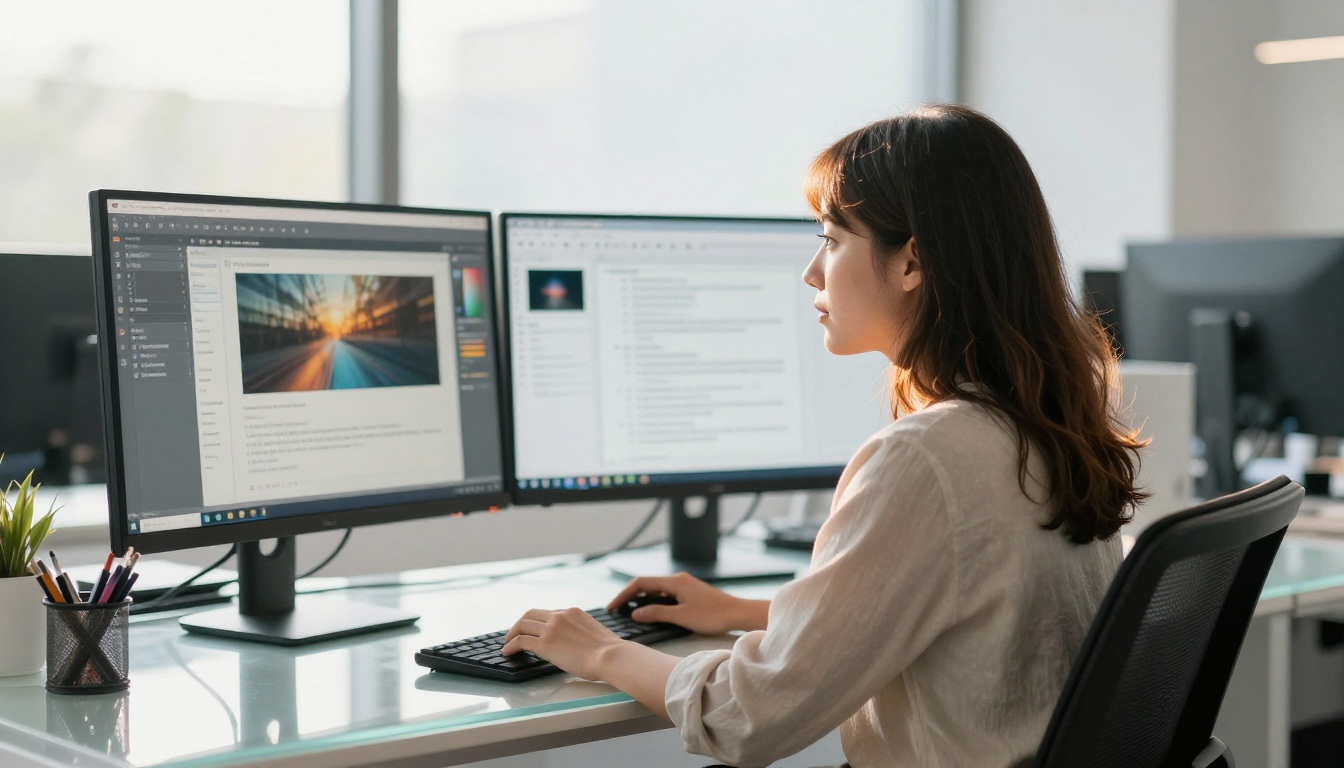 AI technology workspace showing creative professional working with dual monitors displaying AI generation interfaces, warm afternoon light, shallow depth of field