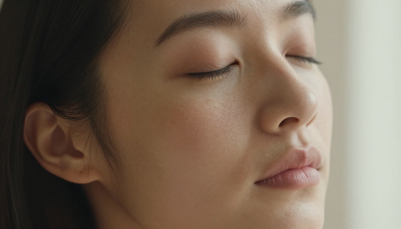 Extreme close-up beauty portrait of a woman with eyes closed, soft diffused window light, and extraordinarily detailed natural skin texture and fine hair detail