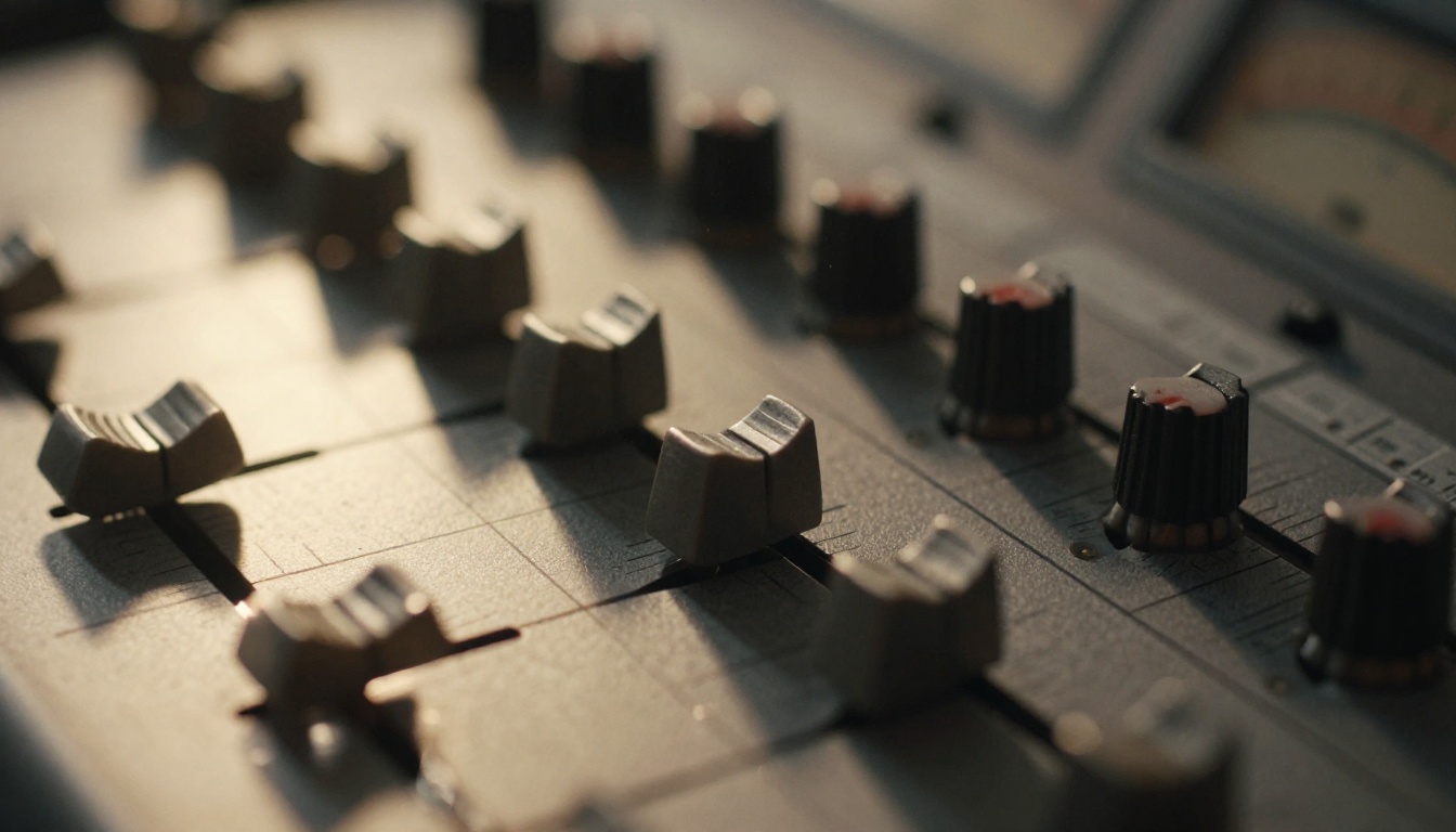 Professional analog audio mixing board with VU meters and faders under warm tungsten studio lighting