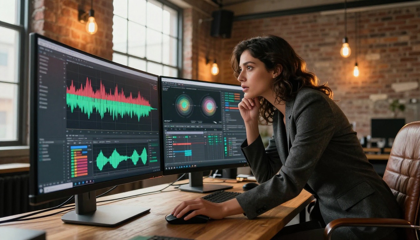 Creative professional woman leaning toward an ultrawide monitor displaying AI waveform visualizations and video timelines