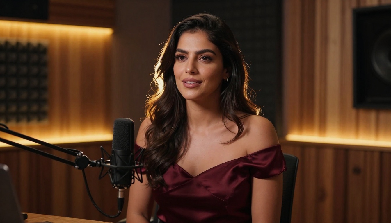 Latina podcast host at a professional microphone in a luxurious dark-wood recording studio with intimate warm lighting
