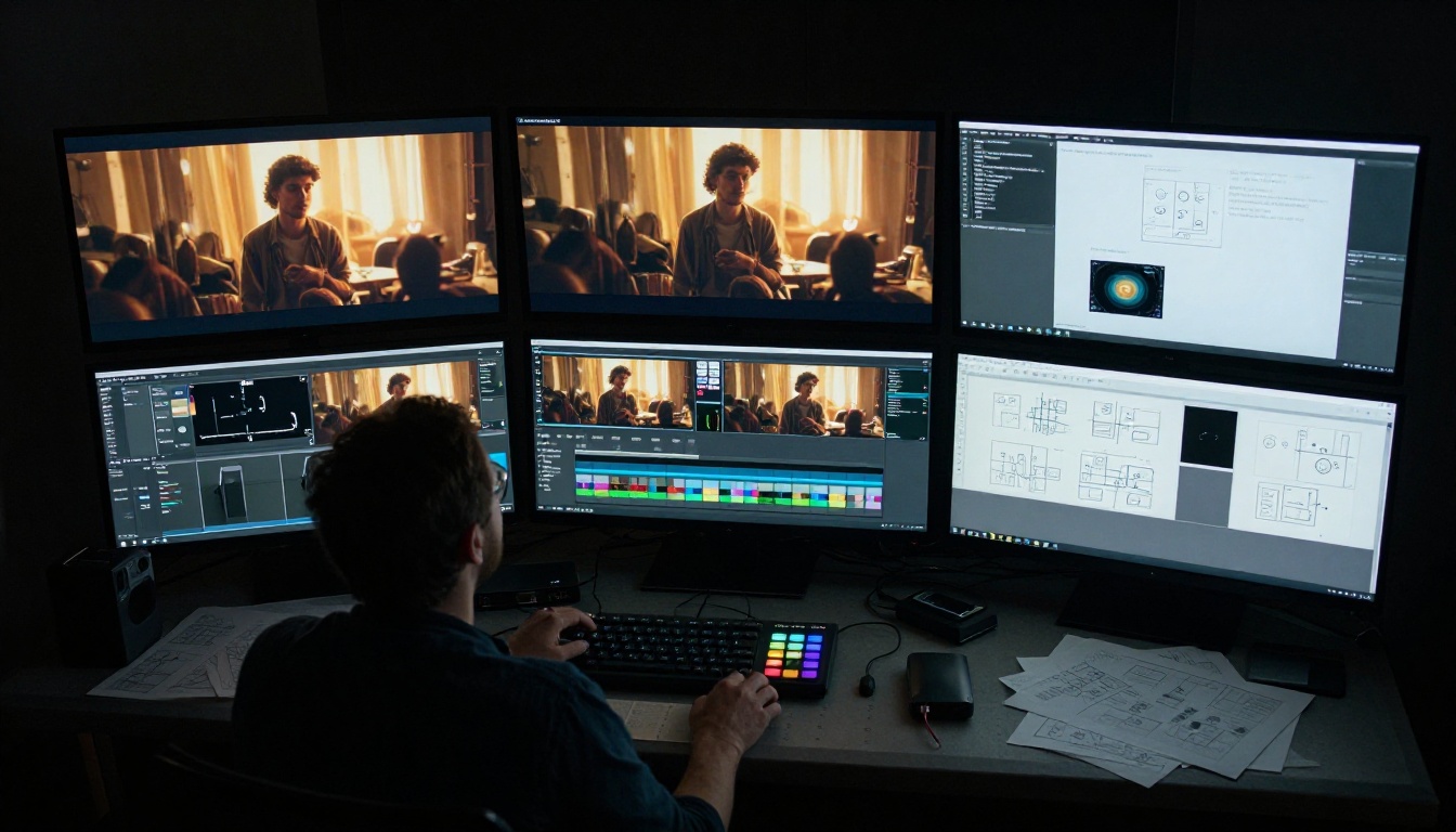 Filmmaker reviewing cinematic content at a professional color grading workstation with multiple monitors