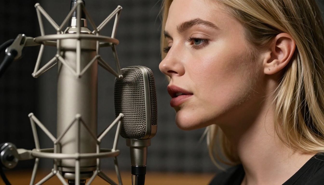 Blonde woman leaning close to a professional condenser microphone in a moody recording booth with shallow depth of field