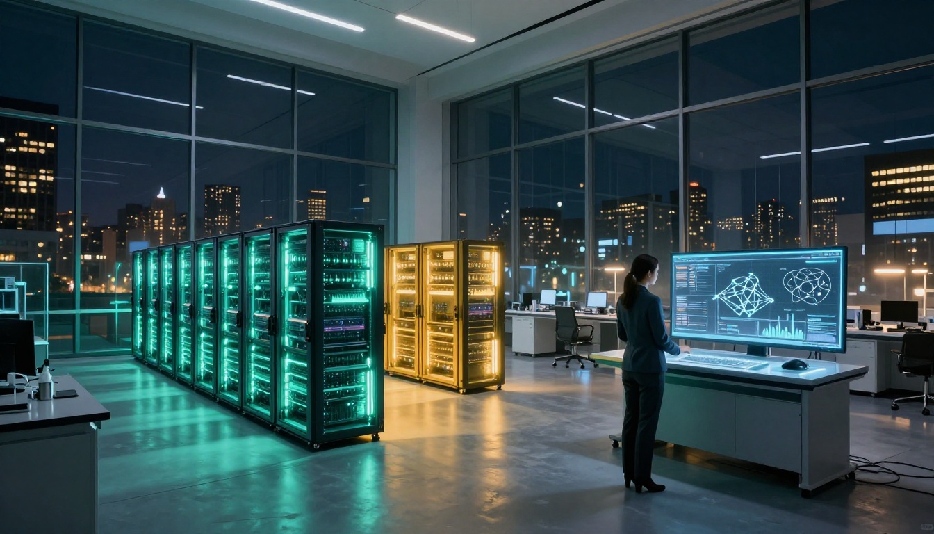 Female researcher at a transparent display showing audio waveforms in a sleek AI lab overlooking a city skyline at night
