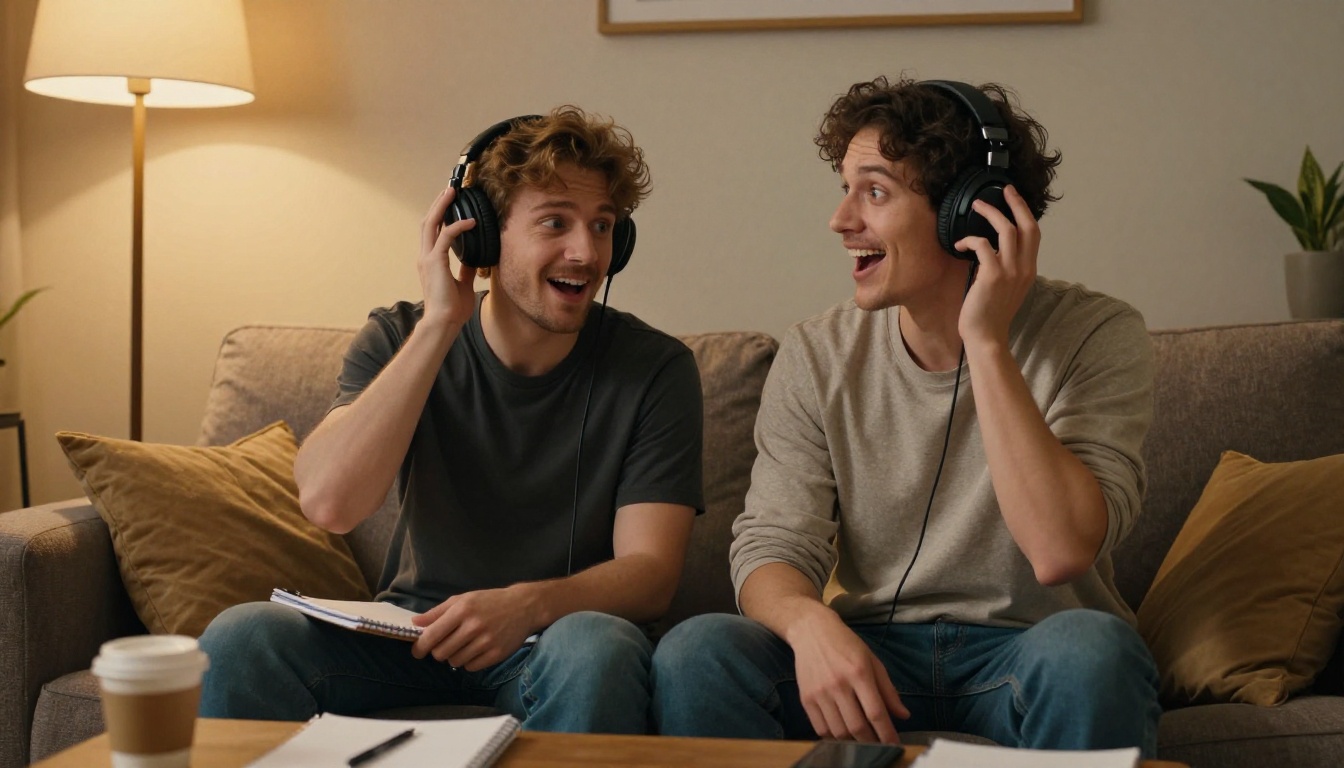 Couple wearing over-ear headphones reacting with surprise and delight to AI-generated audio in a warm studio environment